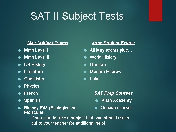 SAT II Subject Tests June Subject Exams May Subject Exams Math Level I All