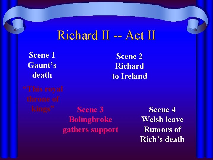 Richard II -- Act II Scene 1 Gaunt’s death Scene 2 Richard to Ireland