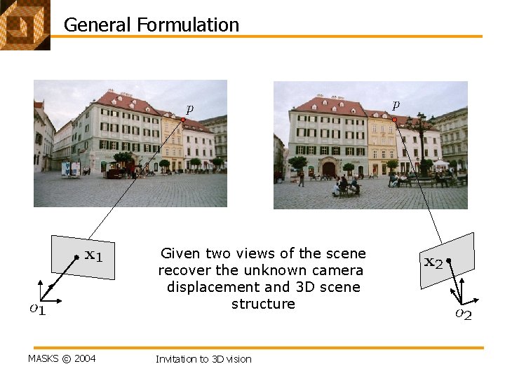 General Formulation Given two views of the scene recover the unknown camera displacement and