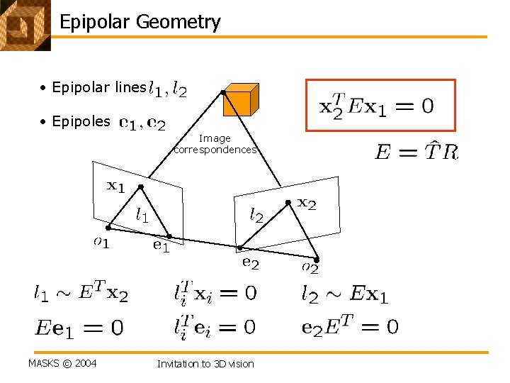 Epipolar Geometry • Epipolar lines • Epipoles Image correspondences MASKS © 2004 Invitation to