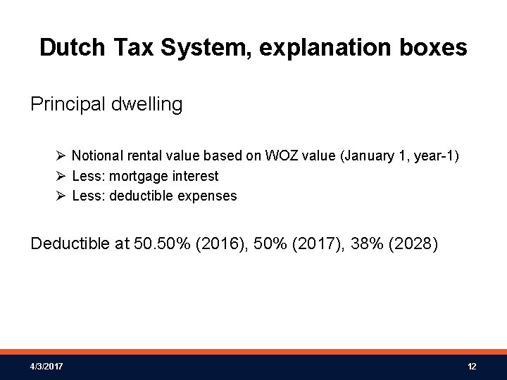 Dutch Tax System, explanation boxes Principal dwelling Ø Notional rental value based on WOZ