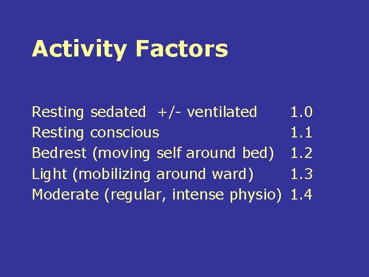 Activity Factors Resting sedated +/- ventilated Resting conscious Bedrest (moving self around bed) Light