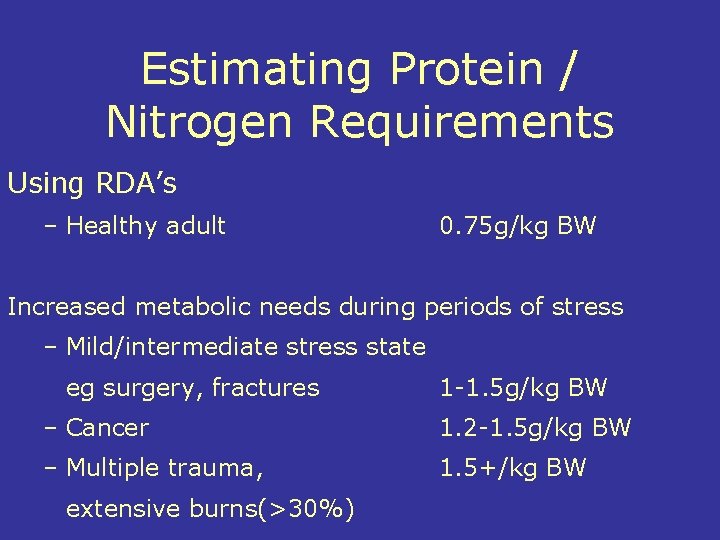 Estimating Protein / Nitrogen Requirements Using RDA’s – Healthy adult 0. 75 g/kg BW