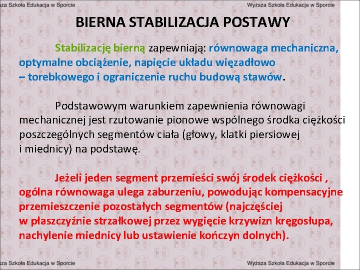 BIERNA STABILIZACJA POSTAWY Stabilizację bierną zapewniają: równowaga mechaniczna, optymalne obciążenie, napięcie układu więzadłowo –