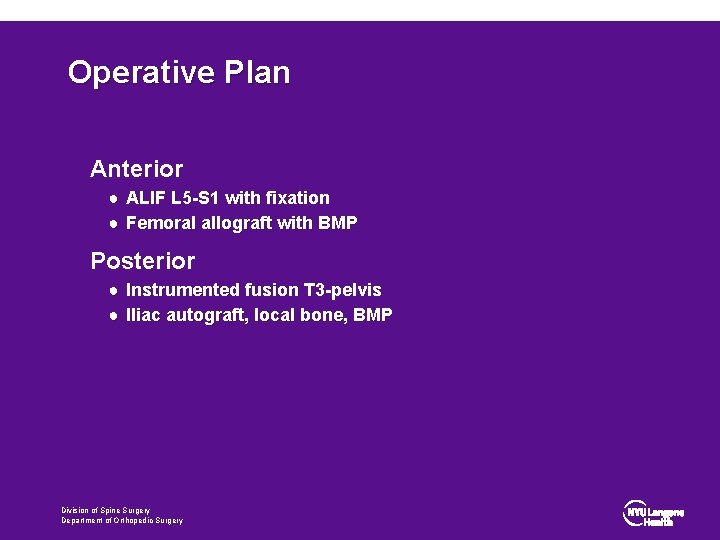 Operative Plan Anterior ● ALIF L 5 -S 1 with fixation ● Femoral allograft