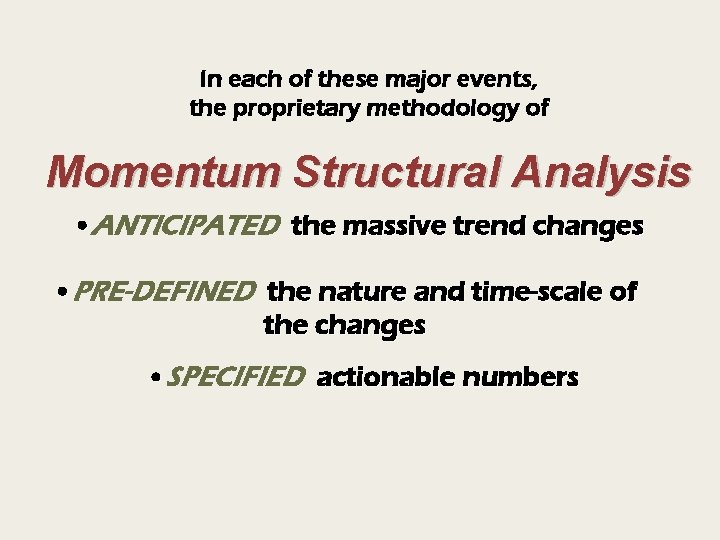 In each of these major events, the proprietary methodology of Momentum Structural Analysis •