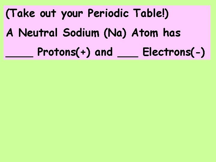 (Take out your Periodic Table!) A Neutral Sodium (Na) Atom has ____ Protons(+) and