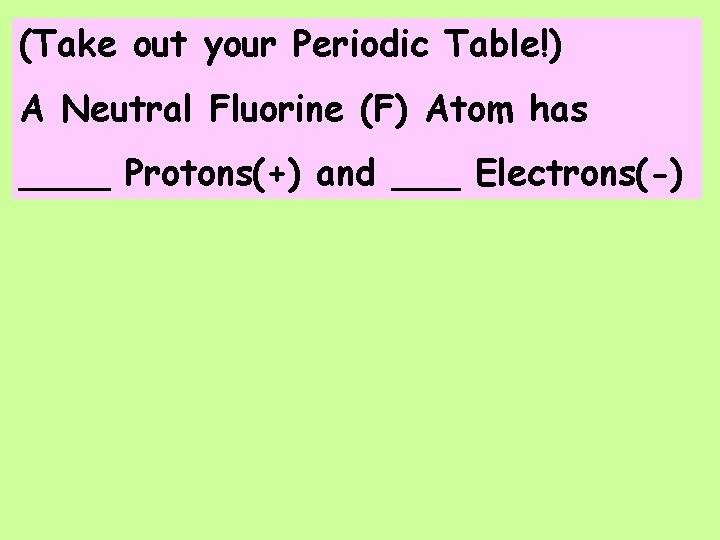 (Take out your Periodic Table!) A Neutral Fluorine (F) Atom has ____ Protons(+) and