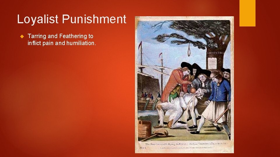 Loyalist Punishment Tarring and Feathering to inflict pain and humiliation. Loyalist Punishment Tarring and Feathering to inflict pain and humiliation.
