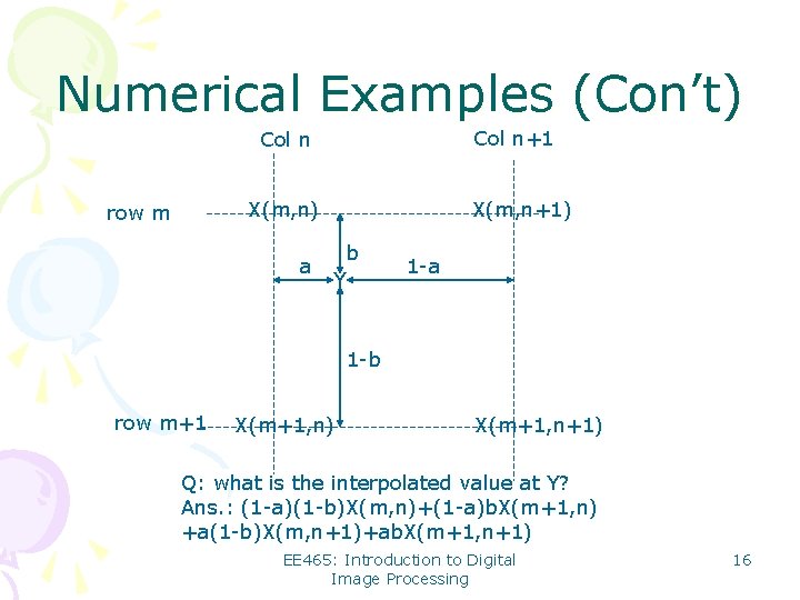 Numerical Examples (Con’t) Col n+1 Col n X(m, n) row m a X(m, n+1)