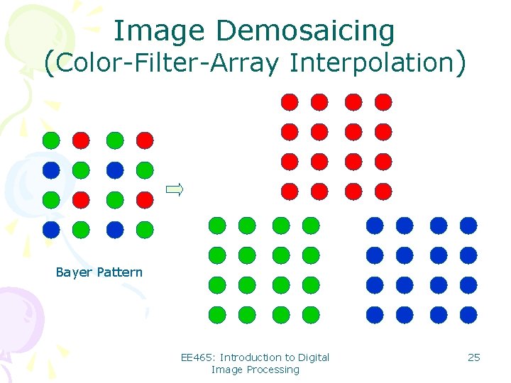 Image Demosaicing (Color-Filter-Array Interpolation) Bayer Pattern EE 465: Introduction to Digital Image Processing 25