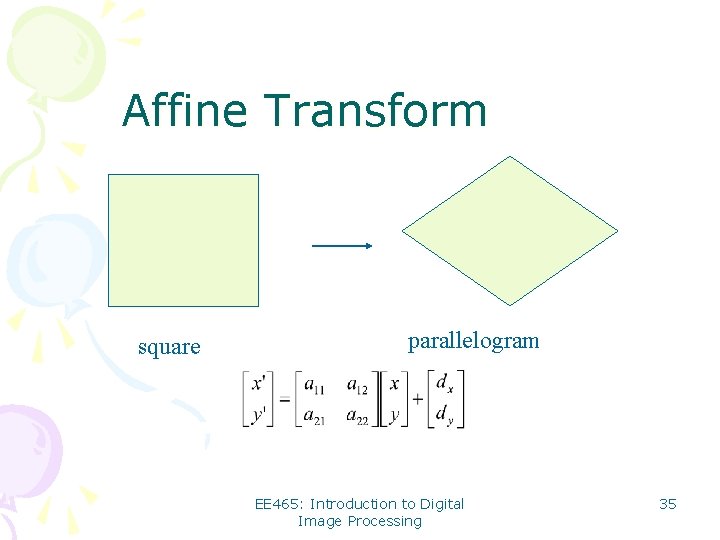 Affine Transform square parallelogram EE 465: Introduction to Digital Image Processing 35 