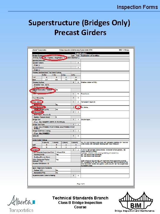Inspection Forms Superstructure (Bridges Only) Precast Girders Technical Standards Branch Class B Bridge Inspection