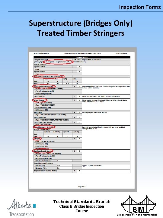 Inspection Forms Superstructure (Bridges Only) Treated Timber Stringers Technical Standards Branch Class B Bridge
