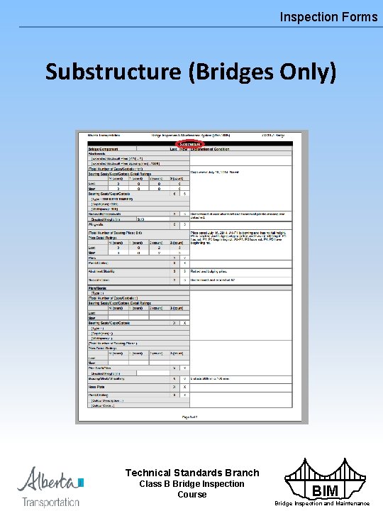Inspection Forms Substructure (Bridges Only) Technical Standards Branch Class B Bridge Inspection Course BIM