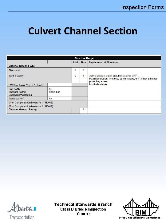Inspection Forms Culvert Channel Section Technical Standards Branch Class B Bridge Inspection Course BIM