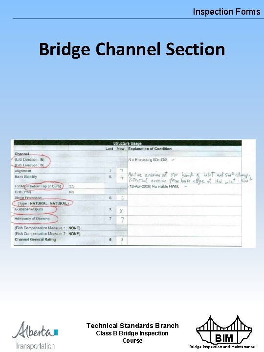 Inspection Forms Bridge Channel Section Technical Standards Branch Class B Bridge Inspection Course BIM