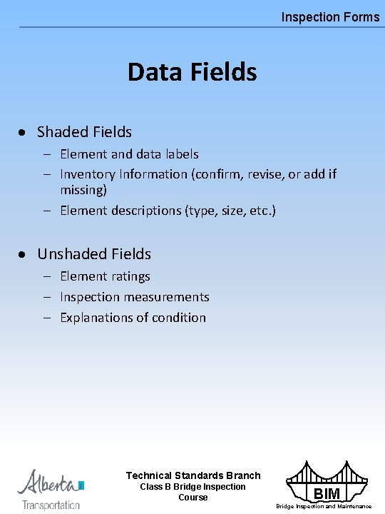 Inspection Forms Data Fields · Shaded Fields – Element and data labels – Inventory