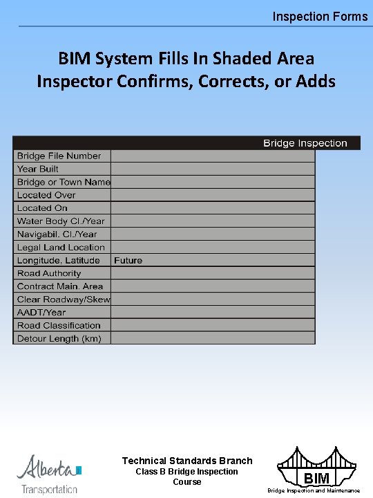 Inspection Forms BIM System Fills In Shaded Area Inspector Confirms, Corrects, or Adds Technical