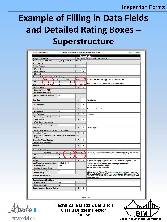 Inspection Forms Example of Filling in Data Fields and Detailed Rating Boxes – Superstructure