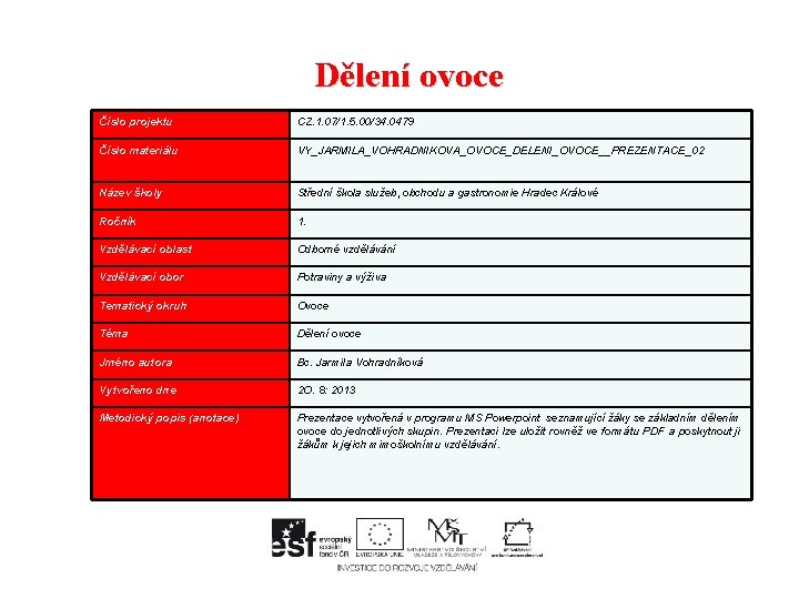 Dělení ovoce Číslo projektu CZ. 1. 07/1. 5. 00/34. 0479 Číslo materiálu VY_JARMILA_VOHRADNIKOVA_OVOCE_DELENI_OVOCE__PREZENTACE_02 Název