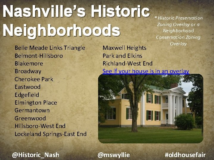 Nashville’s Historic Neighborhoods Belle Meade Links Triangle Belmont-Hillsboro Blakemore Broadway Cherokee Park Eastwood Edgefield