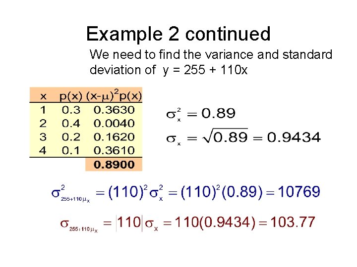 Example 2 continued We need to find the variance and standard deviation of y