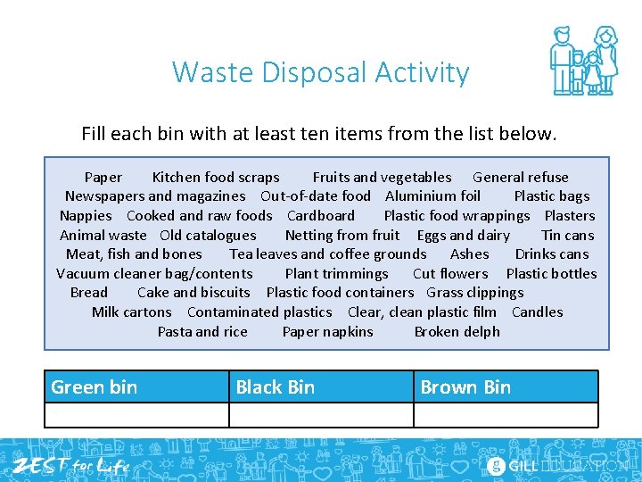 Waste Disposal Activity Fill each bin with at least ten items from the list