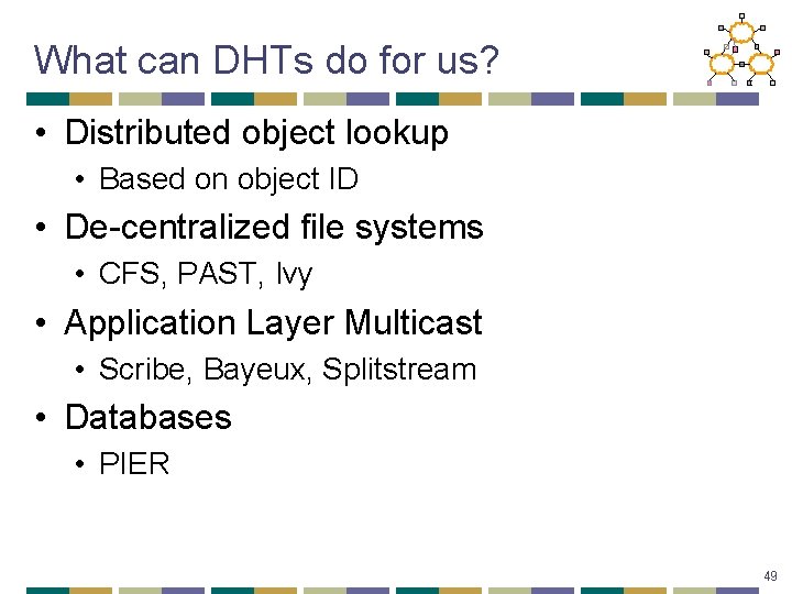 What can DHTs do for us? • Distributed object lookup • Based on object