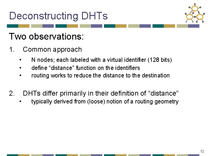 Deconstructing DHTs Two observations: 1. Common approach • • • 2. N nodes; each
