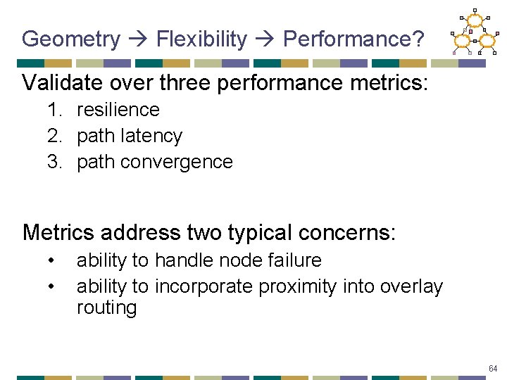 Geometry Flexibility Performance? Validate over three performance metrics: 1. resilience 2. path latency 3.