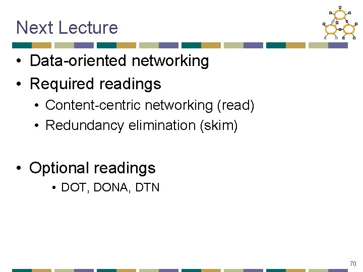Next Lecture • Data-oriented networking • Required readings • Content-centric networking (read) • Redundancy