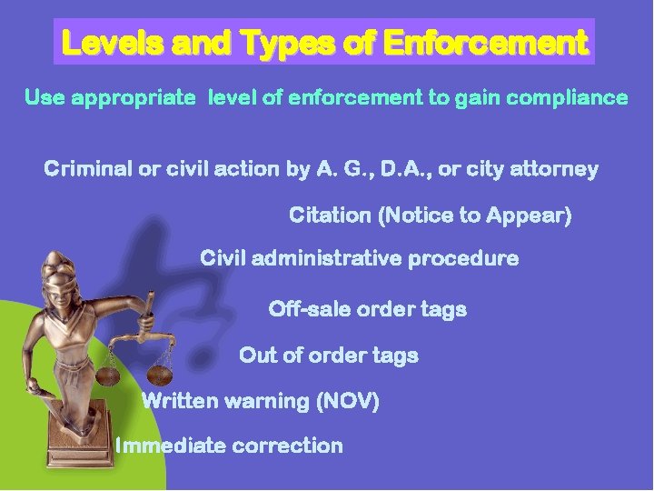 Levels and Types of Enforcement Use appropriate level of enforcement to gain compliance Criminal Levels and Types of Enforcement Use appropriate level of enforcement to gain compliance Criminal