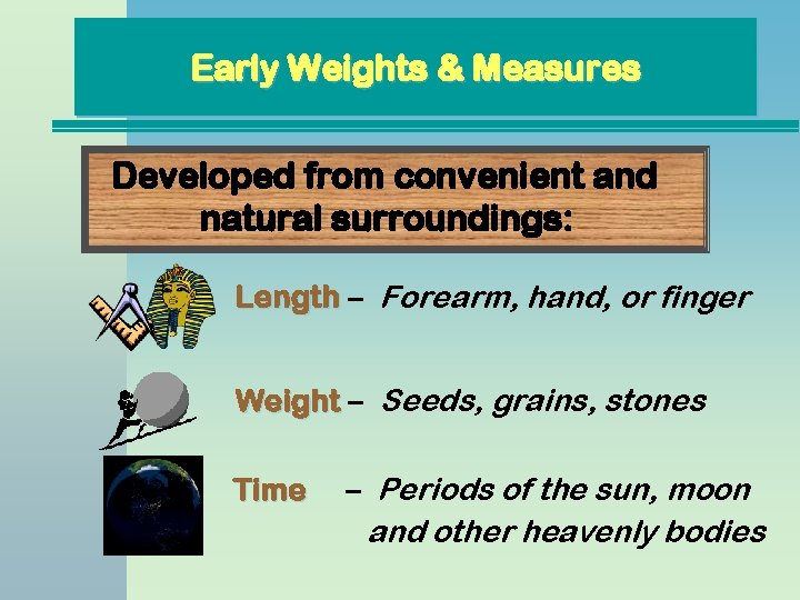 Early Weights & Measures Developed from convenient and natural surroundings: Length – Forearm, hand, Early Weights & Measures Developed from convenient and natural surroundings: Length – Forearm, hand,