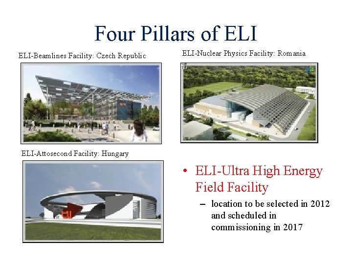 Four Pillars of ELI-Beamlines Facility: Czech Republic ELI-Nuclear Physics Facility: Romania ELI-Attosecond Facility: Hungary