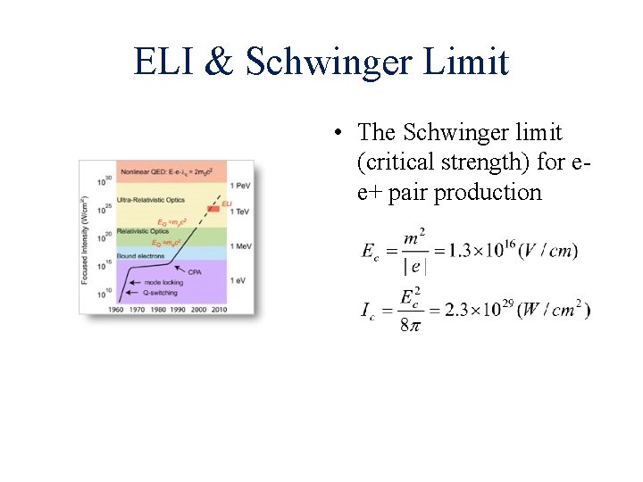 ELI & Schwinger Limit • The Schwinger limit (critical strength) for ee+ pair production