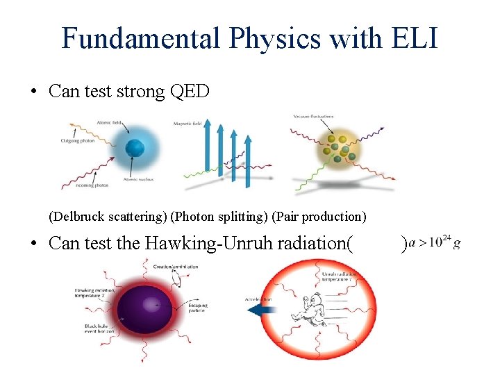 Fundamental Physics with ELI • Can test strong QED (Delbruck scattering) (Photon splitting) (Pair