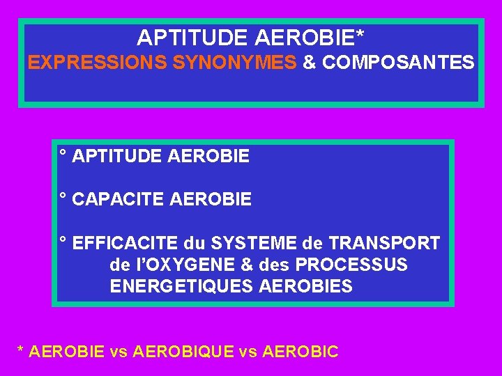 APTITUDE AEROBIE* EXPRESSIONS SYNONYMES & COMPOSANTES ° APTITUDE AEROBIE ° CAPACITE AEROBIE ° EFFICACITE