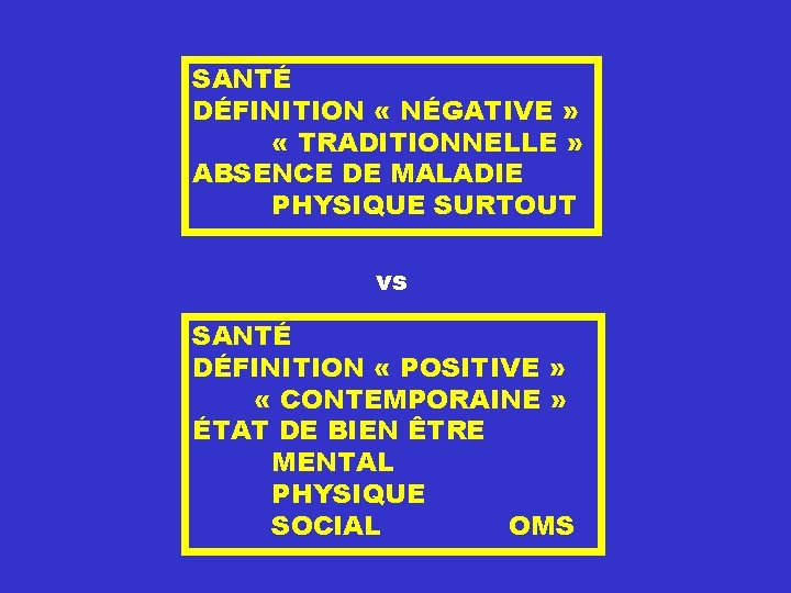 SANTÉ DÉFINITION « NÉGATIVE » « TRADITIONNELLE » ABSENCE DE MALADIE PHYSIQUE SURTOUT vs