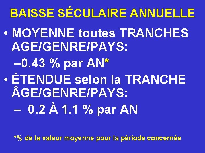 BAISSE SÉCULAIRE ANNUELLE • MOYENNE toutes TRANCHES AGE/GENRE/PAYS: – 0. 43 % par AN*