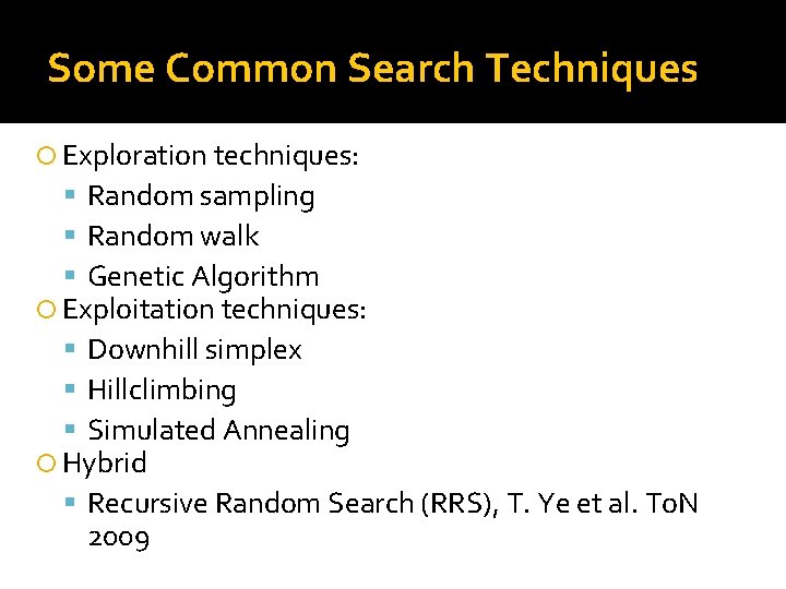 Some Common Search Techniques Exploration techniques: Random sampling Random walk Genetic Algorithm Exploitation techniques: Some Common Search Techniques Exploration techniques: Random sampling Random walk Genetic Algorithm Exploitation techniques: