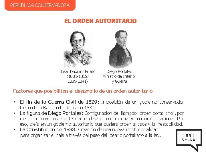 REPÚBLICA CONSERVADORA EL ORDEN AUTORITARIO José Joaquín Prieto (1831 -1836/ 1836 -1841) Diego Portales