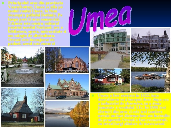 n Principalul oras din provincia Vasterbotten, Umea se afla pe malul raului Umea, la