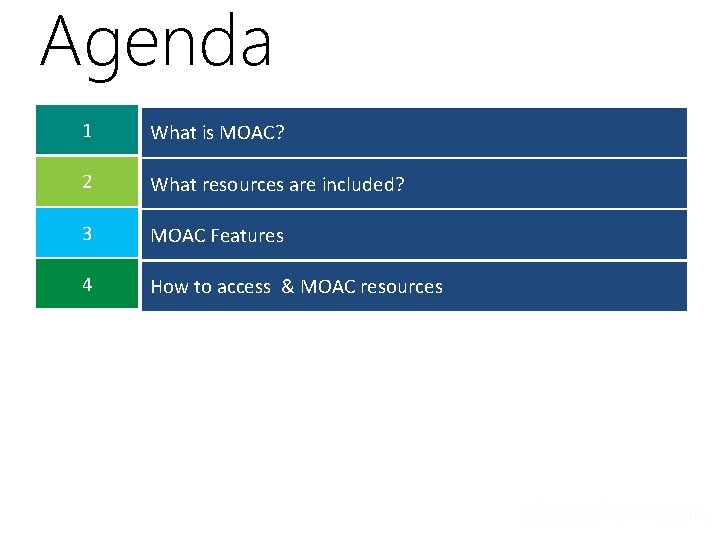 Agenda 1 What is MOAC? 2 What resources are included? 3 MOAC Features 4