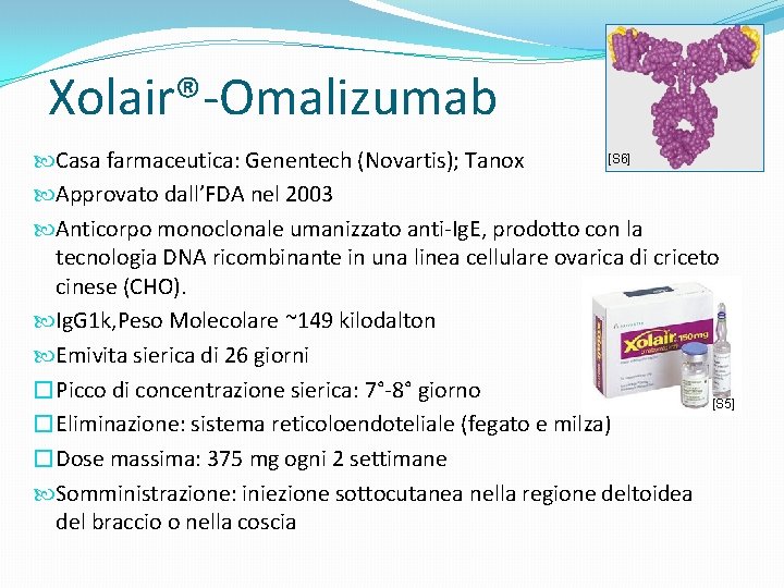 Xolair®-Omalizumab [S 6] Casa farmaceutica: Genentech (Novartis); Tanox Approvato dall’FDA nel 2003 Anticorpo monoclonale