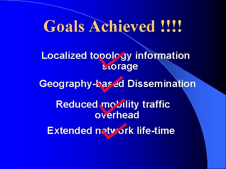 Goals Achieved !!!! Localized topology information storage Geography-based Dissemination Reduced mobility traffic overhead Extended Goals Achieved !!!! Localized topology information storage Geography-based Dissemination Reduced mobility traffic overhead Extended