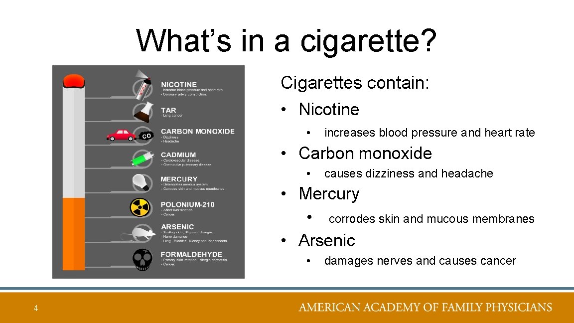 What’s in a cigarette? Cigarettes contain: • Nicotine • increases blood pressure and heart