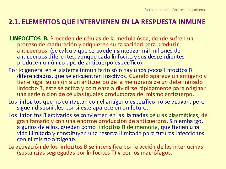 Defensas específicas del organismo 2. 1. ELEMENTOS QUE INTERVIENEN EN LA RESPUESTA INMUNE LINFOCITOS