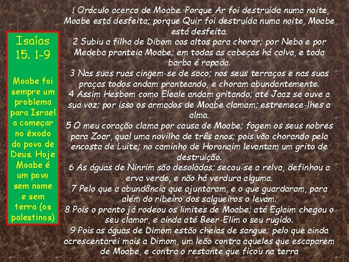 1 Oráculo acerca de Moabe. Porque Ar foi destruída numa noite, Moabe está desfeita;