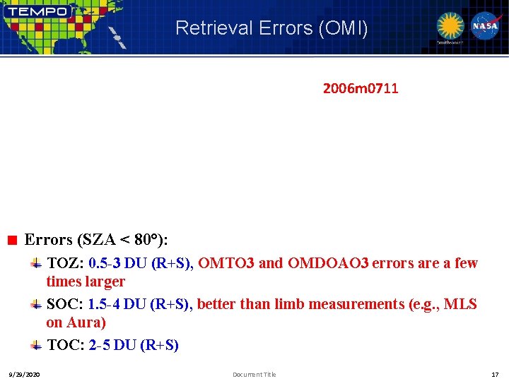 Retrieval Errors (OMI) 2006 m 0711 Errors (SZA < 80°): TOZ: 0. 5 -3